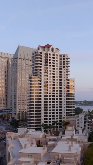 The Park Place Building in Downtown San Diego during Sunset | Vertical Drone Video