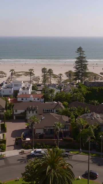 Aerial view of a residential street, palm trees and the ocean at Coronado Beach, with people walking.
