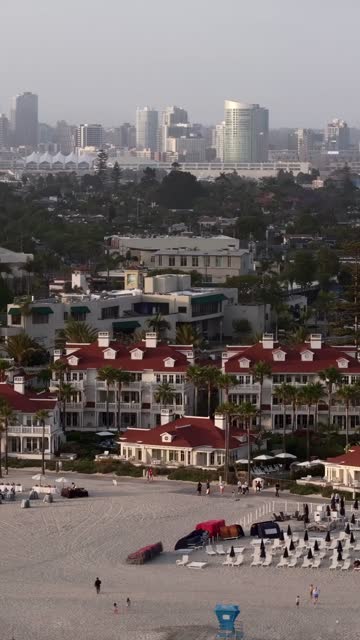 Aerial view of the beach, the skyline and palm trees at Coronado Beach, with people walking.