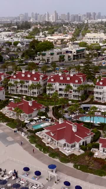 Aerial view of a residential street, the skyline and palm trees at Coronado Beach.