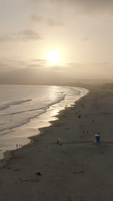 Aerial view of the beach, the surf and the ocean at Coronado Beach, with people walking.