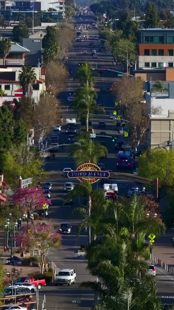 Low aerial view of the downtown streets, palm trees and the buildings in Chula Vista, with people walking.