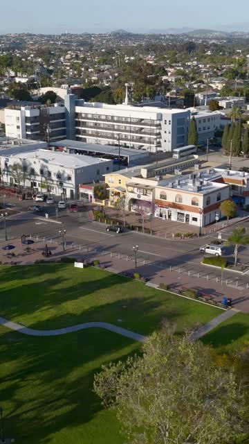 Low aerial view of the downtown streets, palm trees and homes in Chula Vista.