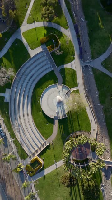 Aerial view of a park, palm trees and the buildings in Chula Vista.