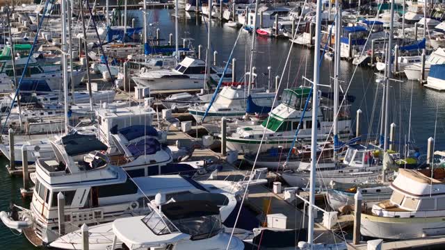 Low aerial view of the harbor, boats and the bay in Chula Vista.