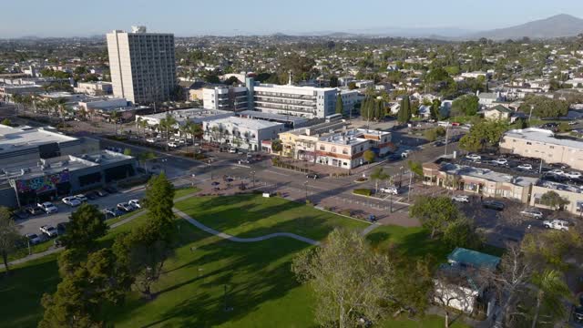 Aerial view of the downtown streets, homes and the buildings in Chula Vista.