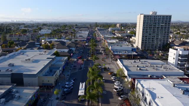 Aerial view of the downtown streets, palm trees and homes in Chula Vista.