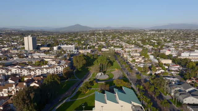 Aerial view of a residential street, homes and the buildings in Chula Vista.