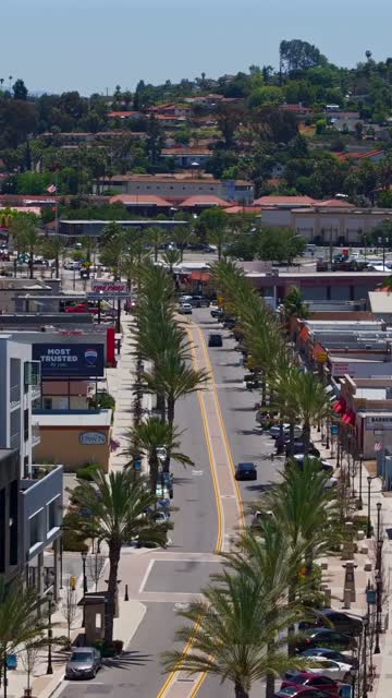 Low aerial view of the downtown streets, palm trees and homes in Vista.