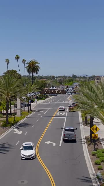 Low aerial view of the downtown streets, palm trees and the buildings in Vista.