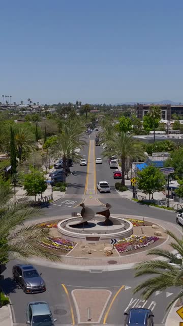 Low aerial view of the downtown streets, palm trees and the buildings in Vista.