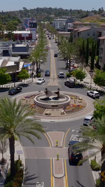 Low aerial view of the downtown streets, palm trees and the buildings in Vista.
