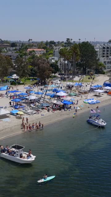 Low aerial view of the beach, boats and palm trees in Mission Bay, with a crowd gathered.