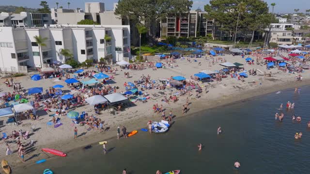 Low aerial view of the beach, palm trees and the bay in Mission Bay, with a crowd gathered.