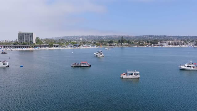 Low aerial view of the harbor, boats and palm trees in Mission Bay, with boats out.