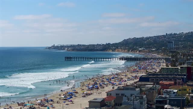 Sunny 4th of July over Mission Beach and Mission Bay with packed beaches and busy waterways | Drone Video – 3