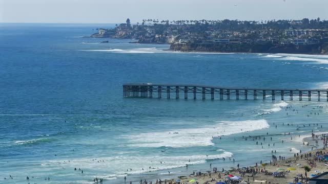 Sunny 4th of July over Mission Beach and Mission Bay with packed beaches and busy waterways | Drone Video – 4