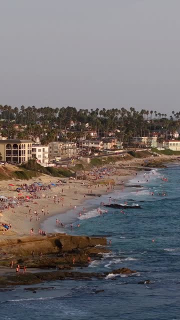 Aerial view of the beach, the surf and palm trees at Beach Barber Tract, with people walking.