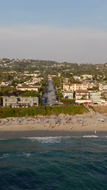Aerial view of the beach, the surf and palm trees at Beach Barber Tract, with a crowd gathered.