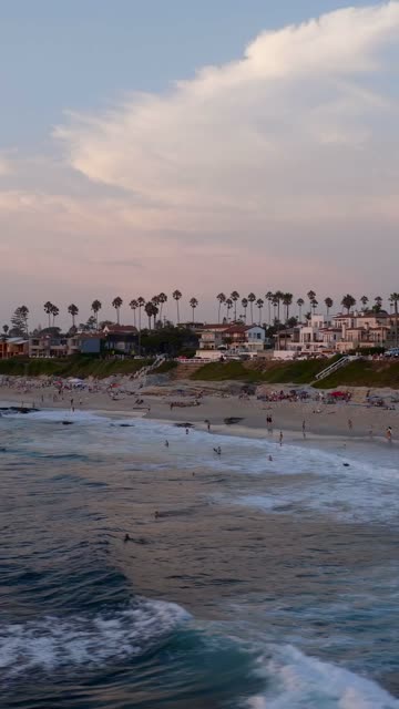 Low aerial view of the beach, the surf and palm trees at Beach Barber Tract, with people walking.