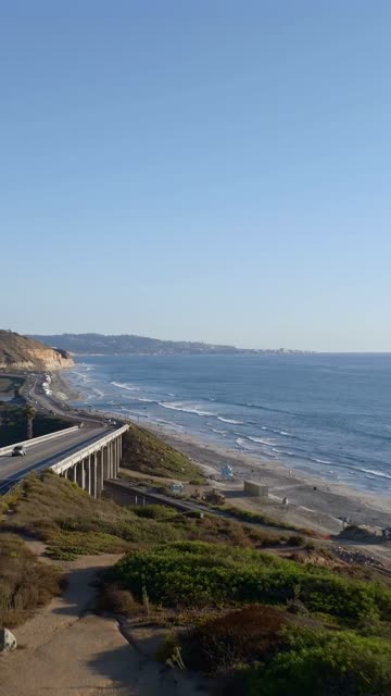 Aerial view of the cliffs, the bridge and the ocean at Torrey Pines.