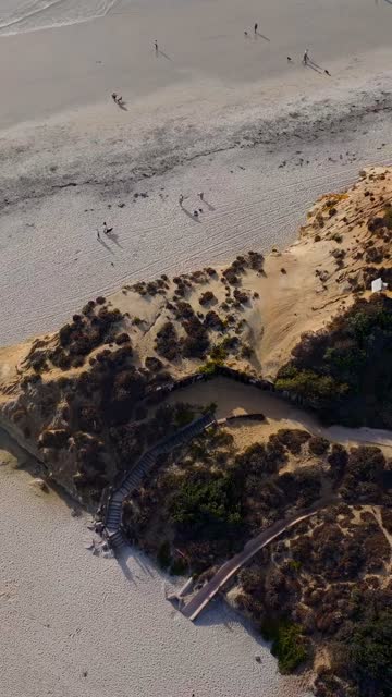 Aerial view of the beach, the ocean and open country in Del Mar, with people walking.