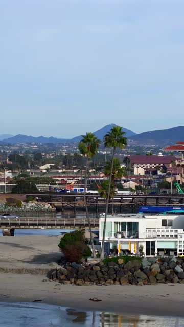 The beach, the bridge and palm trees in Del Mar.