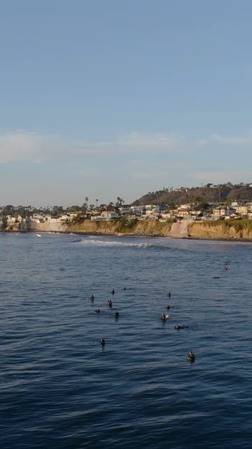 Low aerial view of the cliffs, the surf and palm trees at Bird Rock, with surfers out.