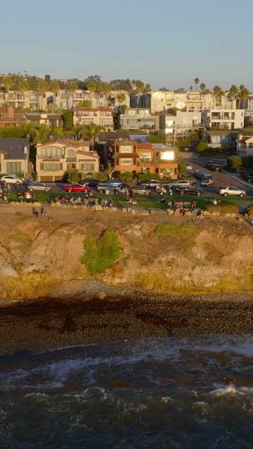 Low aerial view of the cliffs, the surf and palm trees at Bird Rock, with surfers out.