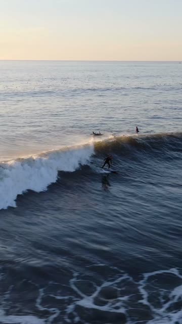 Low aerial view of the beach, the surf and the ocean at Bird Rock, with surfers out.