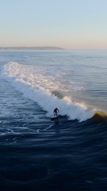 Low aerial view of the beach, the surf and the ocean at Bird Rock, with surfers out.