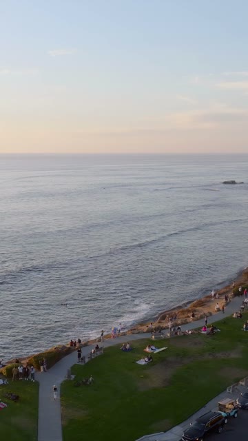 Aerial view of the cliffs, the ocean and the beach at Bird Rock, with a crowd gathered.
