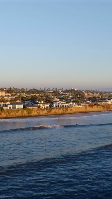 Aerial view of the cliffs, the surf and palm trees at Bird Rock, with surfers out.