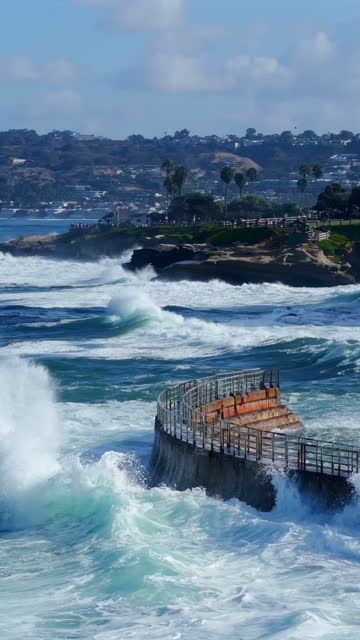 Low aerial view of the cliffs, the surf and palm trees at Village of La Jolla.
