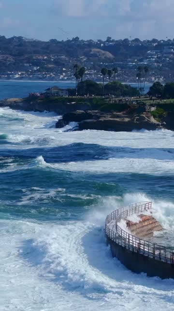 Aerial view of the cliffs, the surf and palm trees at Village of La Jolla.