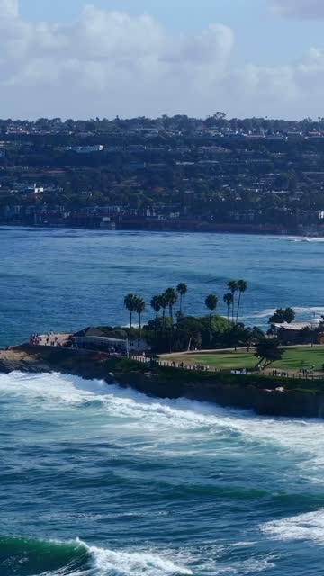 Aerial view of the cliffs, the surf and palm trees at Village of La Jolla.