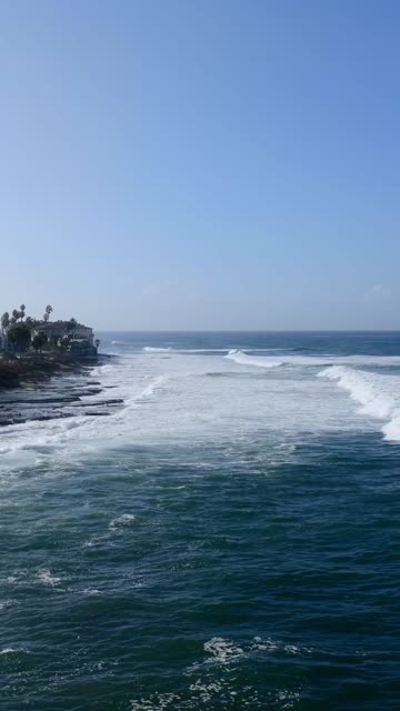 Aerial view of the cliffs, the surf and palm trees at Village of La Jolla.