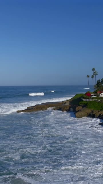 Low aerial view of the cliffs, the surf and palm trees at Beach Barber Tract.