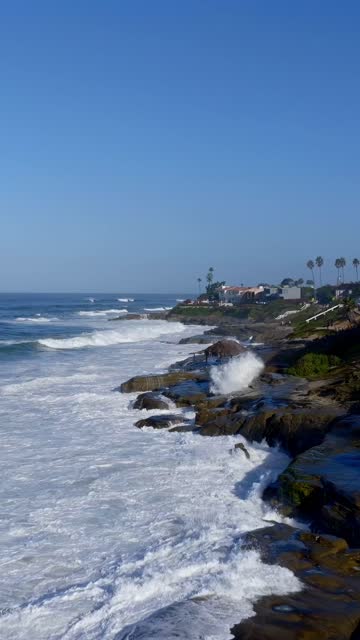 Low aerial view of the cliffs, the surf and palm trees at Beach Barber Tract.