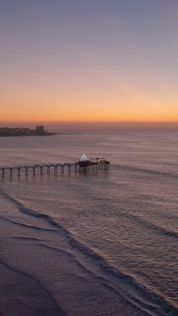 Aerial view of the beach, the surf and the pier at Black’s Beach.