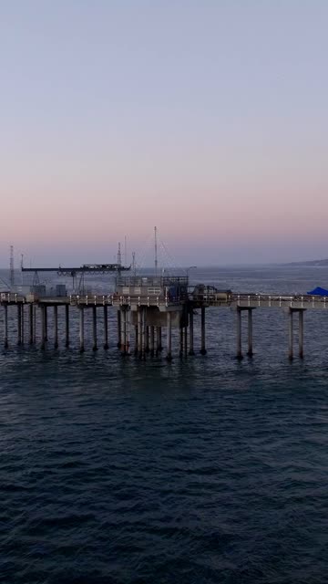 Low aerial view of the beach, the pier and the ocean at Black’s Beach.