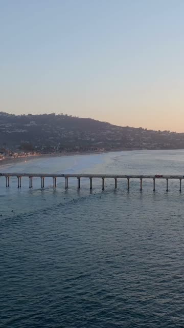 Aerial view of the beach, the surf and the pier at Black’s Beach, with surfers out.