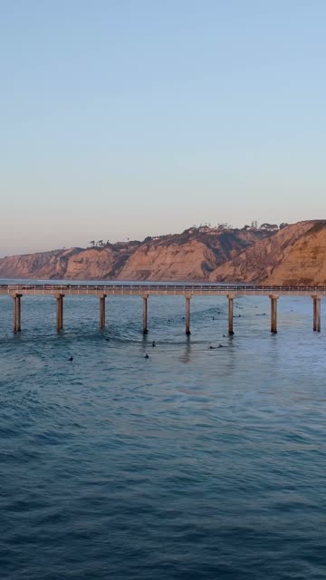 Low aerial view of the beach, the pier and the ocean at Black’s Beach, with paddlers on the water.