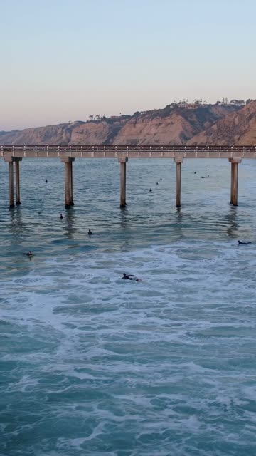 Low aerial view of the beach, the surf and the pier at Black’s Beach, with surfers out.