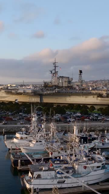 Low aerial view of the harbor, boats and the bay at Embarcadero.