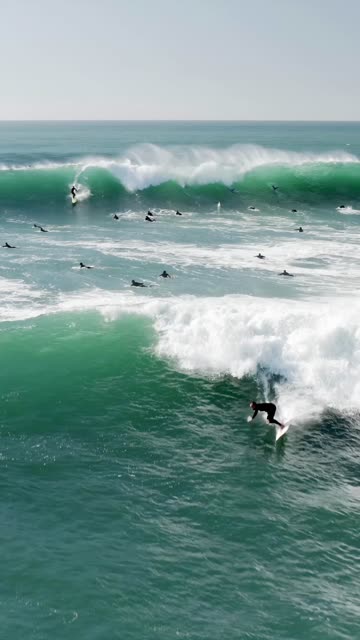 Low aerial view of the beach, the surf and the ocean at Swamis, with surfers out.