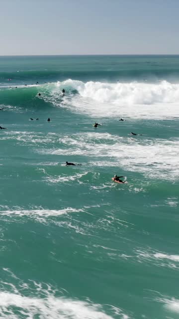 Low aerial view of the beach, the surf and the ocean at Swamis, with surfers out.