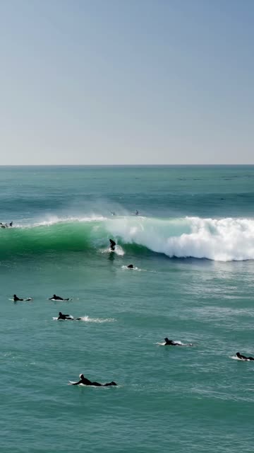 Low aerial view of the beach, the surf and the ocean at Swamis, with surfers out.