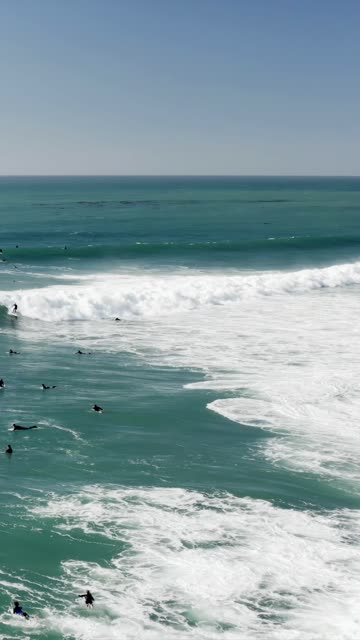 Aerial view of the beach, the surf and the ocean at Swamis, with surfers out.