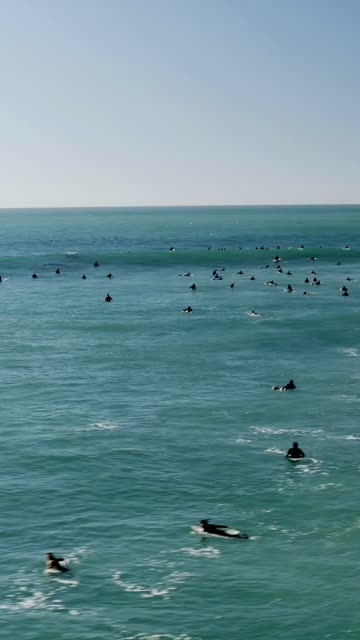 Low aerial view of the beach, the surf and the ocean at Swamis, with surfers out.
